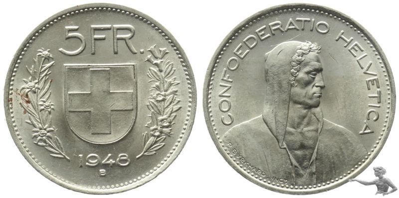 5 Franken 1948 B vorzüglich/stempelglanz